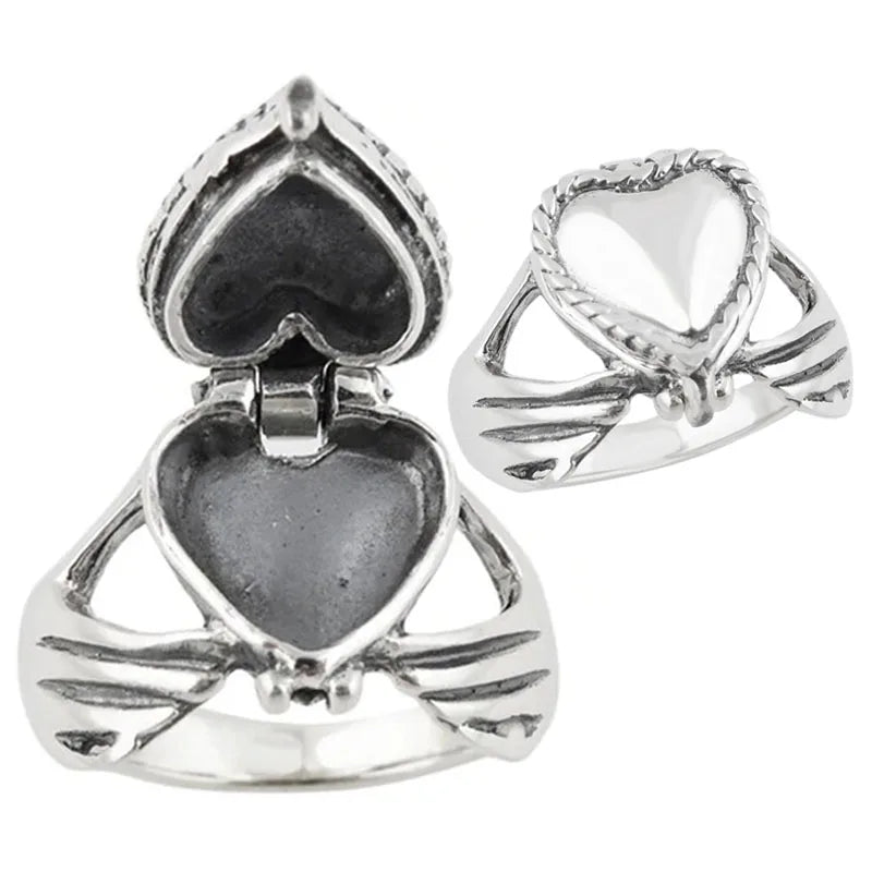 the TREASURE TROVE - Unique Heart Love in Hand Locket Coffin Ring, Secret Small Room Openable Lid Ring for Men/Women Jewelry