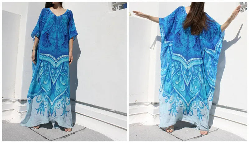 2023 Bohemian Printed V-neck Batwing Sleeve Long Loose Summer Dress For Women Clothes  Streetwear Moroccan Caftan Q831