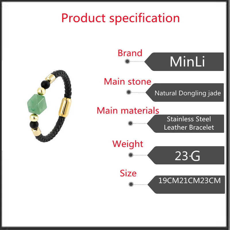 Geometric Dongling Jade Natural Stone Energy Bracelet OL Style New Design 316L Stainless Steel Leather Rope Bracelet for Women