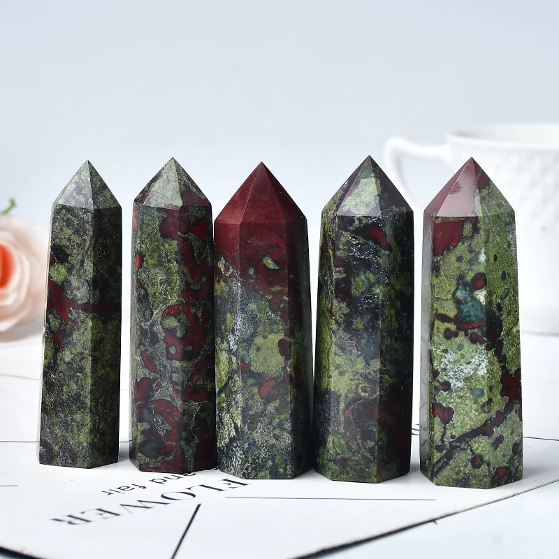 the DRAGON BLOOD STONE - 1PC Natural Dragon Blood Stone, Crystal Point Reiki Healing Stone, Hexagonal Prisms Obelisk Wand, Tower Energy Meditation Gift