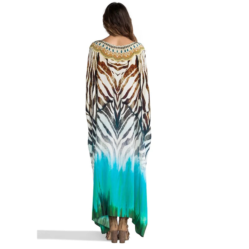 2023 Bohemian Printed V-neck Batwing Sleeve Long Loose Summer Dress For Women Clothes  Streetwear Moroccan Caftan Q831