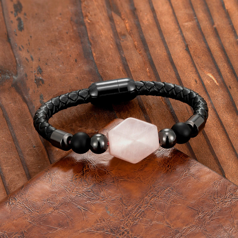 Geometric Natural Pink Crystal Energy Bracelet OL Style New Design 316L Stainless Steel Leather Rope Ladies Bracelet