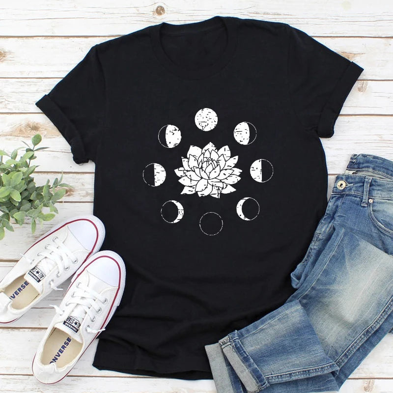 Mystical Moon Phases Lotus Flower T-shirt Aesthetic Women Spiritual Yoga Tshirt Funny Astrology Hippie Graphic Tees Tops