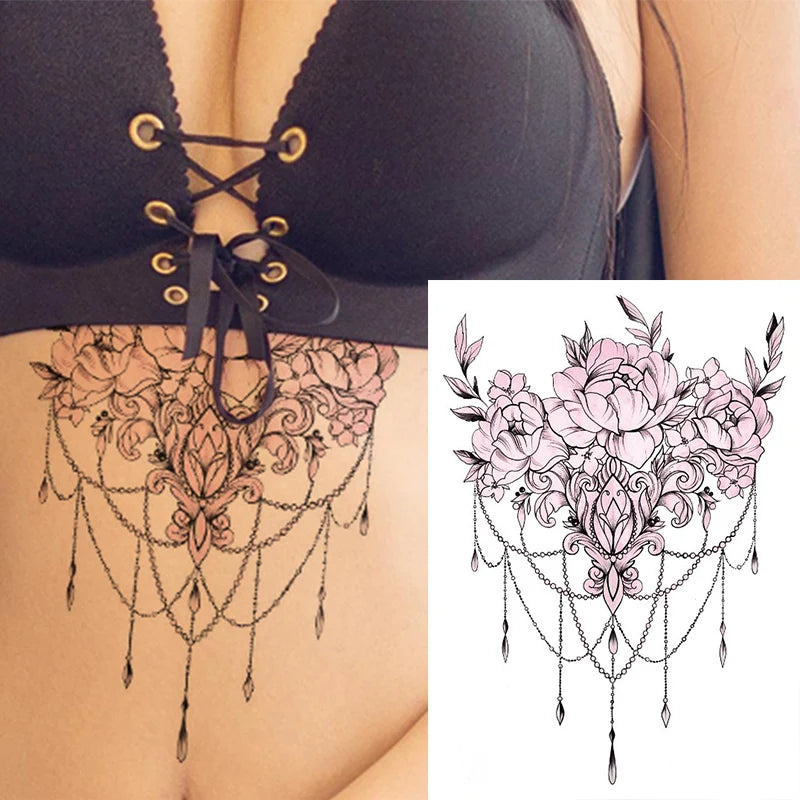 1 PIECE Under Boob Sternum Temporary Tattoo with Unalone, Spiritual Symbols,Loutus Pattern Body Art Sexy Waist Tattoo For Girl