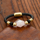 the HOLOGRAM - Geometric Natural Pink Crystal Energy Bracelet, Stainless Steel Leather Rope Bracelet