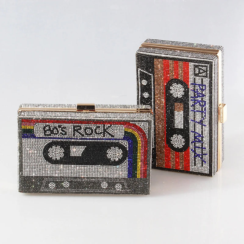 the MIX TAPE - Fashion Crystal Women's Luxury Rhinestone Wedding Clutch Bag, Cassette Tape Evening Bag, Party Money Purses, Handbags/Shoulder Bag