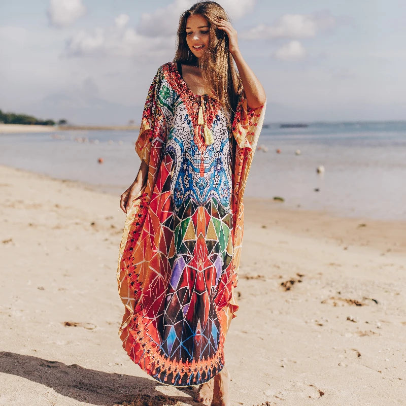 2023 Bohemian Printed V-neck Batwing Sleeve Long Loose Summer Dress For Women Clothes  Streetwear Moroccan Caftan Q831