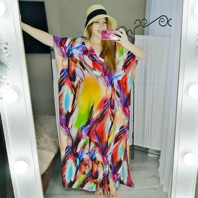 2023 Bohemian Printed V-neck Batwing Sleeve Long Loose Summer Dress For Women Clothes  Streetwear Moroccan Caftan Q831