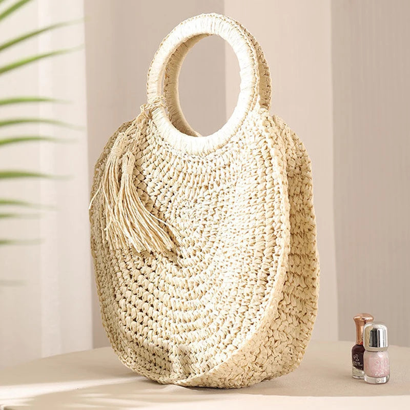 the WOVEN BAG - Straw Bag Rattan Woven Round Tassel Handbag for Women, Large Capacity Shoulder Tote Purse, Ladies Holiday Wood Handle Shopping Bag