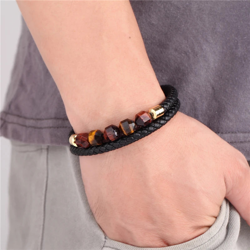 New 10mm Cut Corner Natural Tiger's Eye Energy Bracelet Sweet And Romantic Couple Double-Layer Leather Rope 316 Stainless S