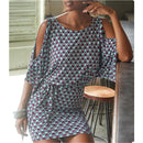 the OFFICE CHIC - Sexy Bodycon Wide Sleeve Vintage Print Casual O-Neck Keyhole Back Hollow Out Sashes Mini Dress
