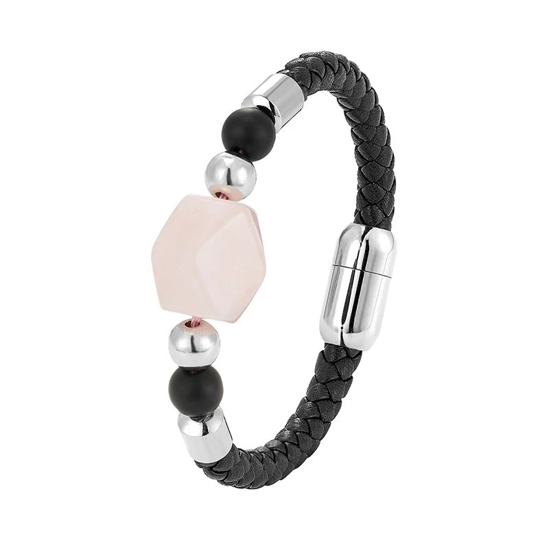 Geometric Natural Pink Crystal Energy Bracelet OL Style New Design 316L Stainless Steel Leather Rope Ladies Bracelet