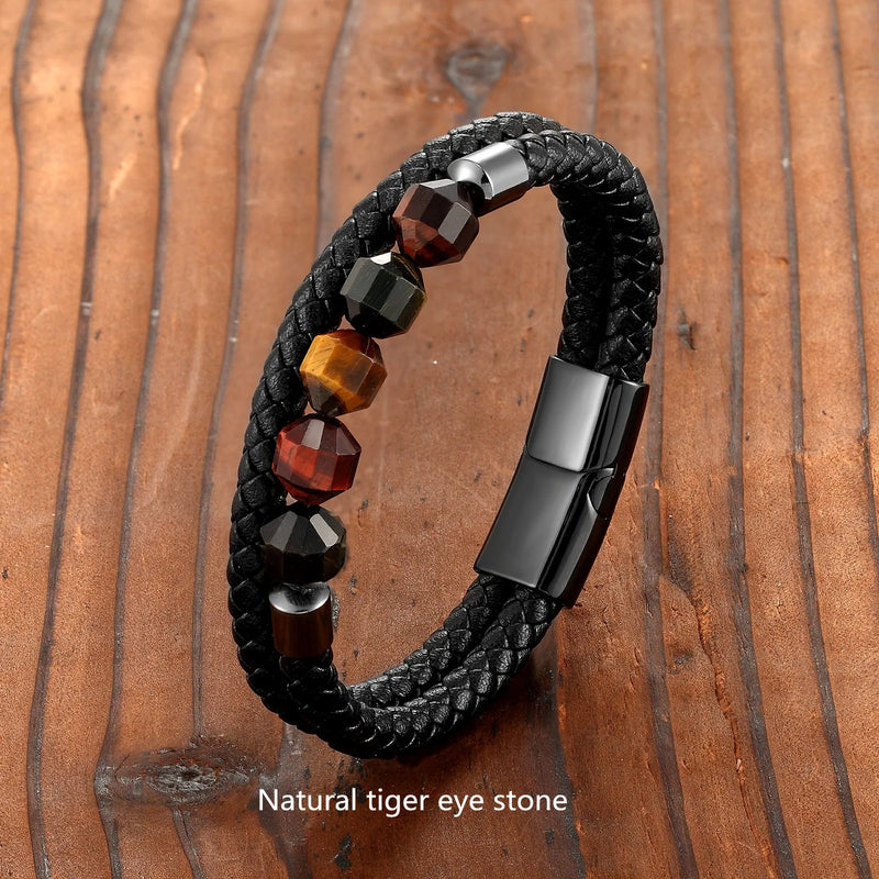 New 10mm Cut Corner Natural Tiger's Eye Energy Bracelet Sweet And Romantic Couple Double-Layer Leather Rope 316 Stainless S