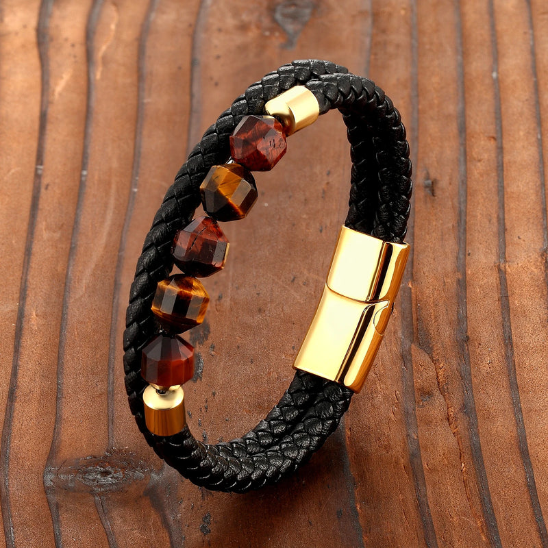 New 10mm Cut Corner Natural Tiger's Eye Energy Bracelet Sweet And Romantic Couple Double-Layer Leather Rope 316 Stainless S