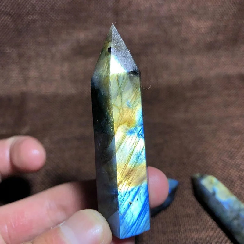 the OBELISK - Natural Labradorite Quartz Hexagonal Prisms Obelisk Crystal Column Wand Point Healing Treatment Stone Gifts