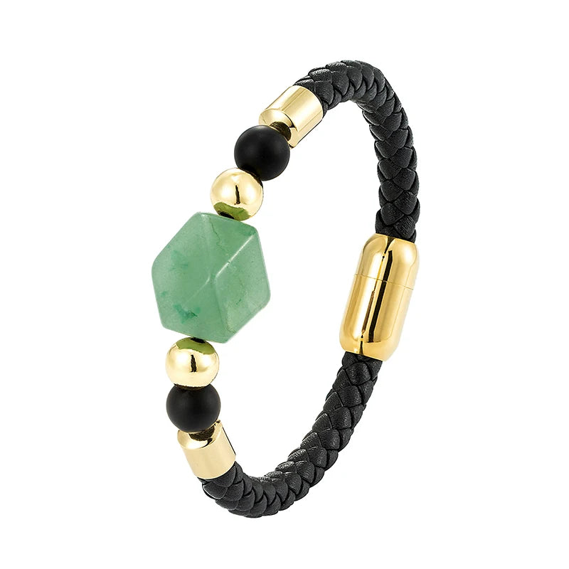 Geometric Dongling Jade Natural Stone Energy Bracelet OL Style New Design 316L Stainless Steel Leather Rope Bracelet for Women