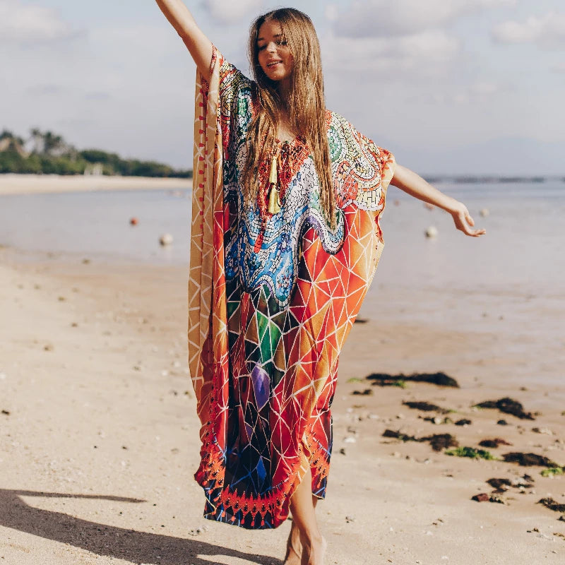 2023 Bohemian Printed V-neck Batwing Sleeve Long Loose Summer Dress For Women Clothes  Streetwear Moroccan Caftan Q831