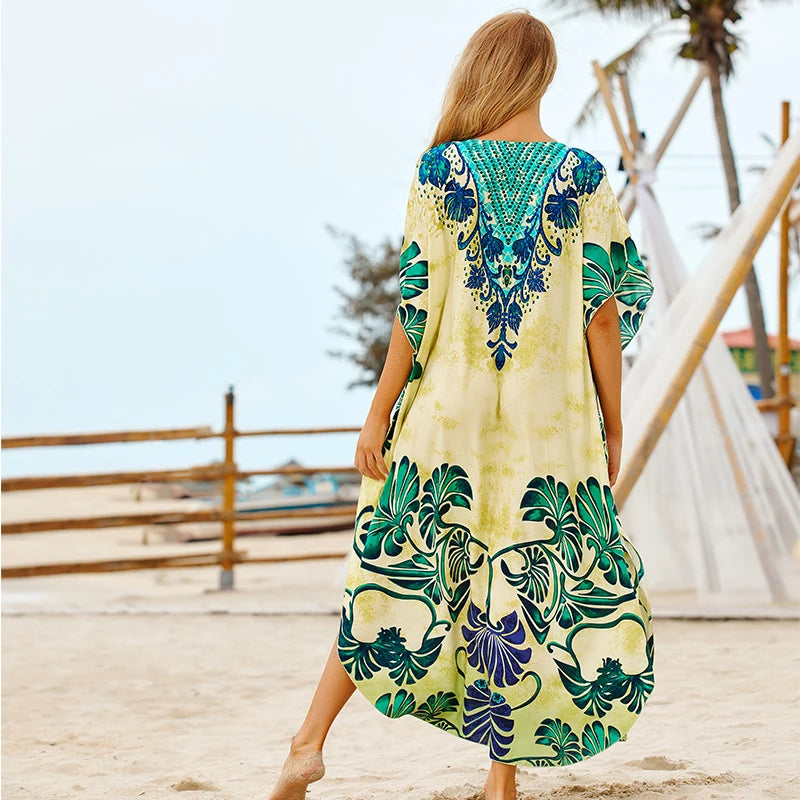 2023 Bohemian Printed V-neck Batwing Sleeve Long Loose Summer Dress For Women Clothes  Streetwear Moroccan Caftan Q831