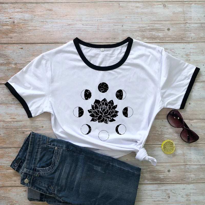 Mystical Moon Phases Lotus Flower T-shirt Aesthetic Women Spiritual Yoga Tshirt Funny Astrology Hippie Graphic Tees Tops