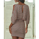 the OFFICE CHIC - Sexy Bodycon Wide Sleeve Vintage Print Casual O-Neck Keyhole Back Hollow Out Sashes Mini Dress