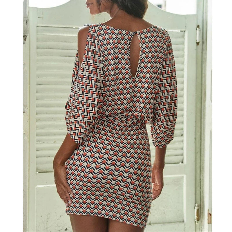 Wide Sleeve Vintage Print Dresses Women Summer Casual O-Neck Keyhole Back Hollow Out Sashes Sexy Bodycon Beach Style Mini Dress