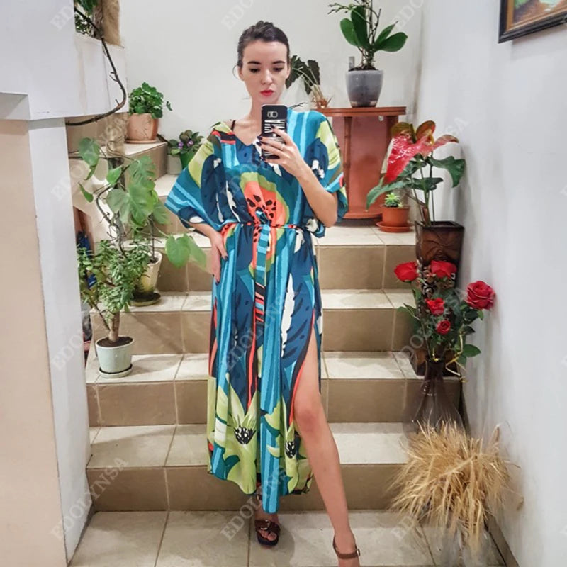 2023 Bohemian Printed V-neck Batwing Sleeve Long Loose Summer Dress For Women Clothes  Streetwear Moroccan Caftan Q831