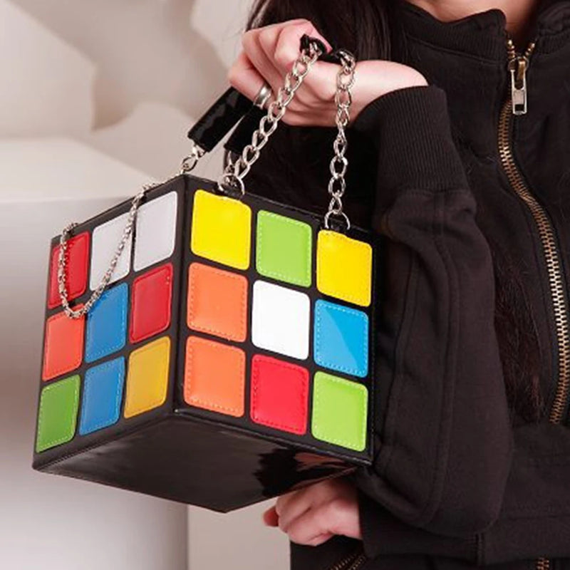 the RUBIX CUBE - Chic Cubic Shape Box Women Handbags, Designer Chains Totes, Luxury Pu Leather Messenger Bag, Ladies Personality Small Purses