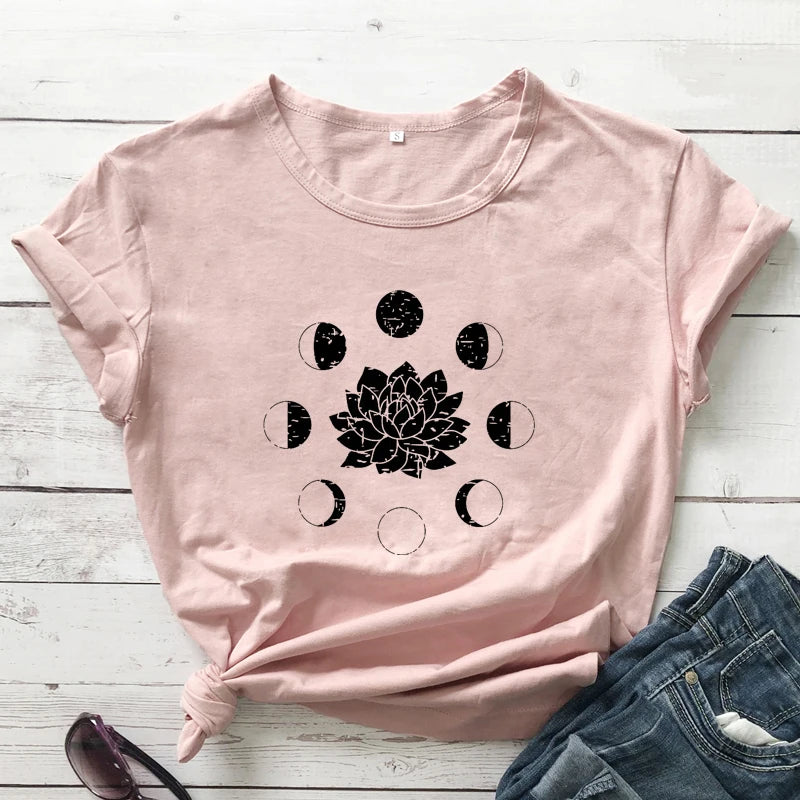 Mystical Moon Phases Lotus Flower T-shirt Aesthetic Women Spiritual Yoga Tshirt Funny Astrology Hippie Graphic Tees Tops