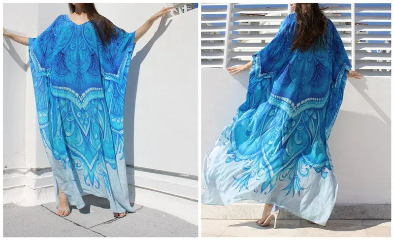 2023 Bohemian Printed V-neck Batwing Sleeve Long Loose Summer Dress For Women Clothes  Streetwear Moroccan Caftan Q831