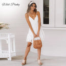 the WHITE LILY - Sexy White Spaghetti Strap Lace Deep V Backless Lace Up Party Beach Dress
