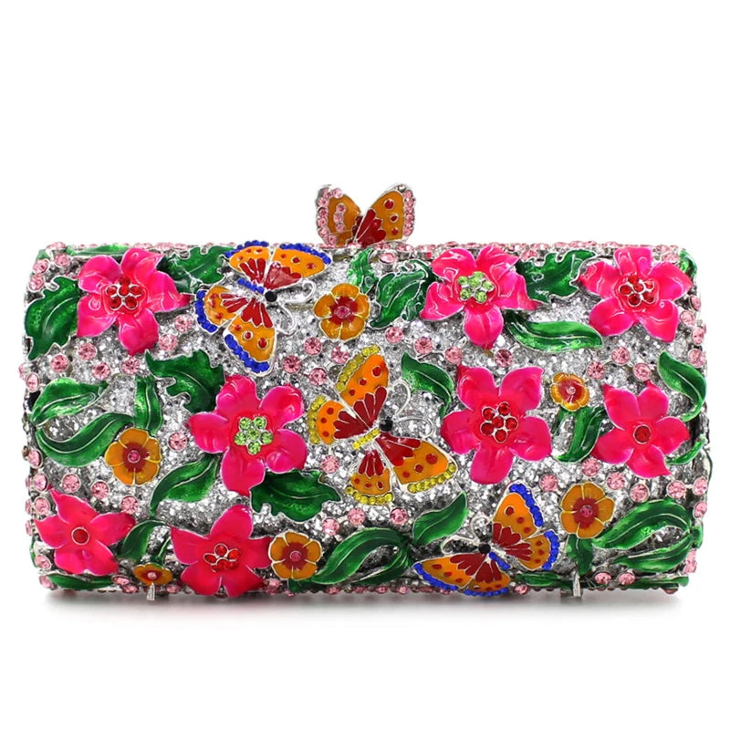 the GARDEN CLUTCH - Floral Crystal Women Clutch Bag, Fashion Butterfly Evening Clutch Purse