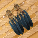 the BOHO DREAM - Hollow Vintage Leaf Feather Drop Earrings, Bohemian Feathers Long Design Hollow Metal Earrings, Ladies Jewelry