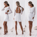 the WHITE ORCHID - Elegant Fashion Bodycon Sexy Long Sleeve Backless Lace Cascading Ruffles Floral Hollow Out Dress
