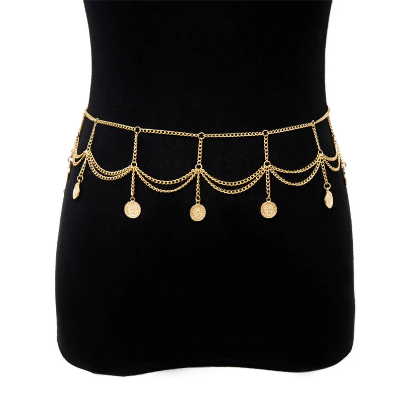 the BELLY COINS - Boho Multi-Level Gold Color Coin Pendant Waist Chain for Women, Fashion Jewelry Belt Body Chains Party Gift Jewelry