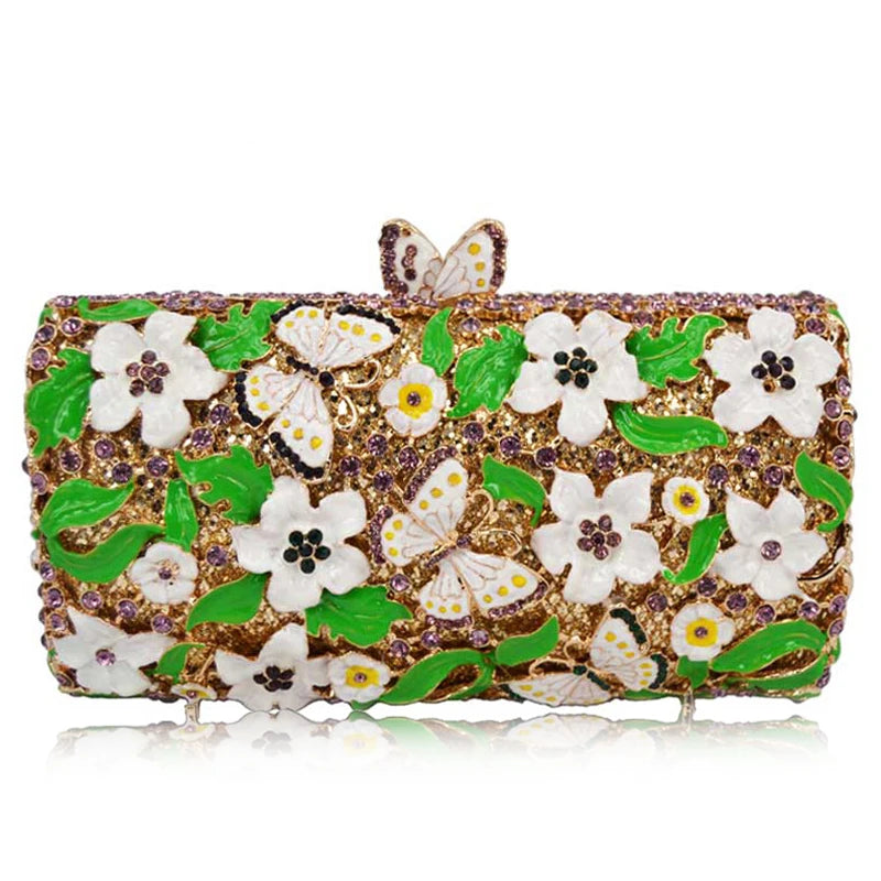 the GARDEN CLUTCH - Floral Crystal Women Clutch Bag, Fashion Butterfly Evening Clutch Purse