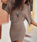 the OFFICE CHIC - Sexy Bodycon Wide Sleeve Vintage Print Casual O-Neck Keyhole Back Hollow Out Sashes Mini Dress