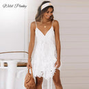 the WHITE LILY - Sexy White Spaghetti Strap Lace Deep V Backless Lace Up Party Beach Dress