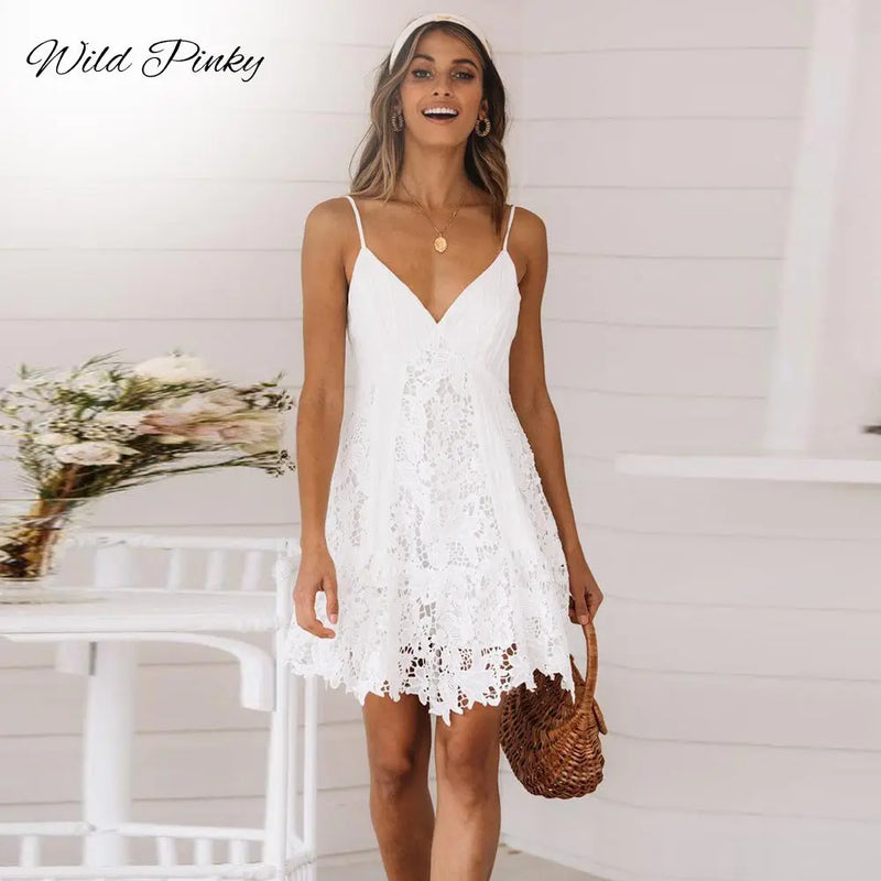 WildPinky Sexy White Dress Women Spaghetti Strap Lace Mini Dress Deep V Backless Lace Up Clubwear Party Beach Dresses Vestidos