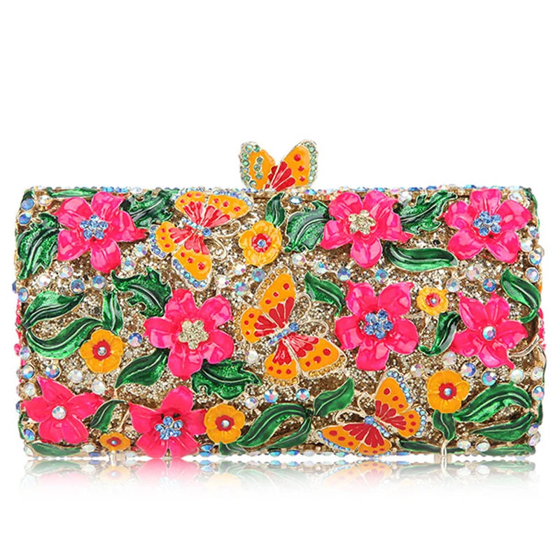 the GARDEN CLUTCH - Floral Crystal Women Clutch Bag, Fashion Butterfly Evening Clutch Purse