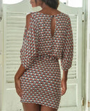 the OFFICE CHIC - Sexy Bodycon Wide Sleeve Vintage Print Casual O-Neck Keyhole Back Hollow Out Sashes Mini Dress