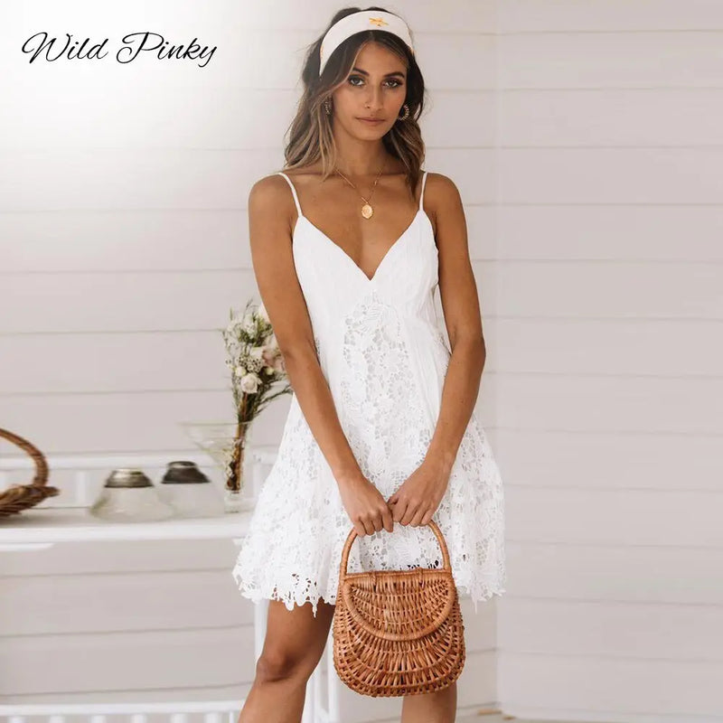 WildPinky Sexy White Dress Women Spaghetti Strap Lace Mini Dress Deep V Backless Lace Up Clubwear Party Beach Dresses Vestidos