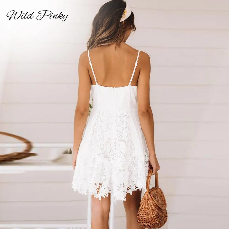 WildPinky Sexy White Dress Women Spaghetti Strap Lace Mini Dress Deep V Backless Lace Up Clubwear Party Beach Dresses Vestidos