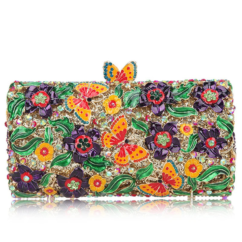 the GARDEN CLUTCH - Floral Crystal Women Clutch Bag, Fashion Butterfly Evening Clutch Purse