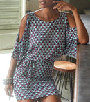 the OFFICE CHIC - Sexy Bodycon Wide Sleeve Vintage Print Casual O-Neck Keyhole Back Hollow Out Sashes Mini Dress