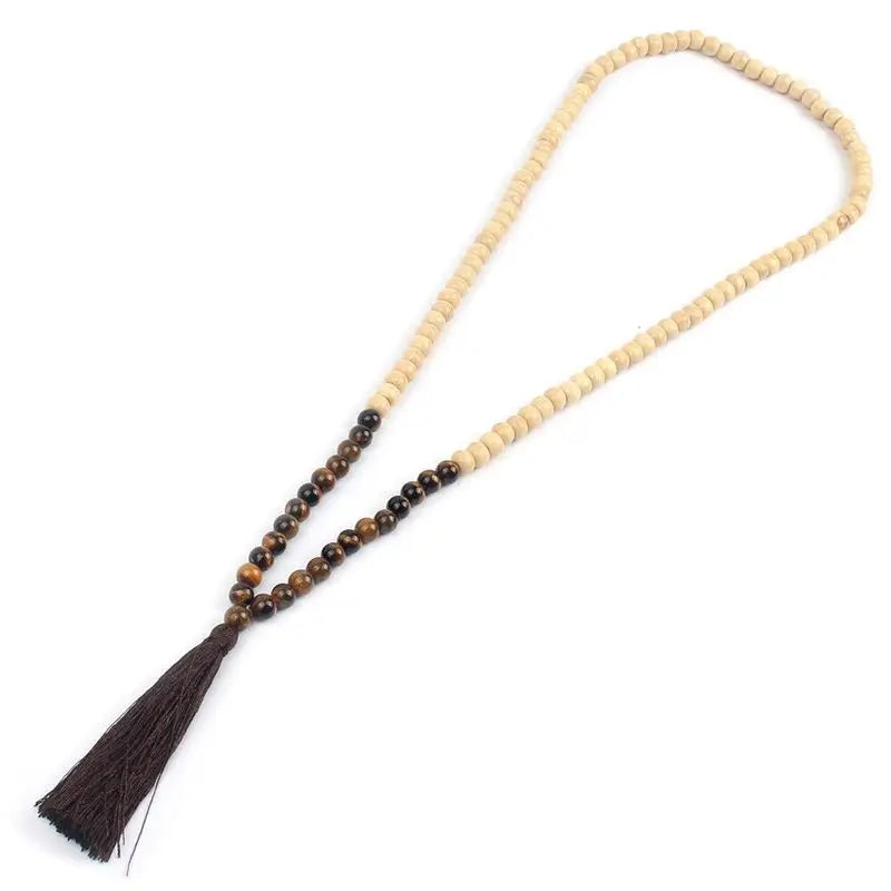 the PRECIOUS STONES - Fashion Bohemian Tassel Yoga Wooden Jewelry Handmade Natural Stone Tassel Necklace for Women Lariat Necklaces