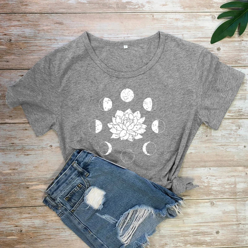 Mystical Moon Phases Lotus Flower T-shirt Aesthetic Women Spiritual Yoga Tshirt Funny Astrology Hippie Graphic Tees Tops