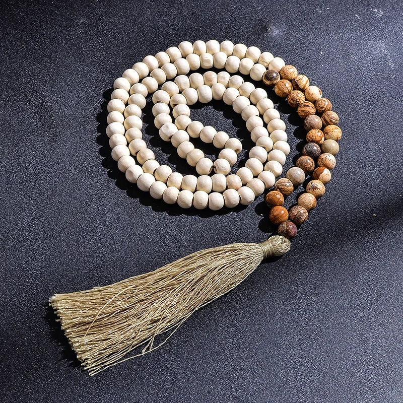 the PRECIOUS STONES - Fashion Bohemian Tassel Yoga Wooden Jewelry Handmade Natural Stone Tassel Necklace for Women Lariat Necklaces