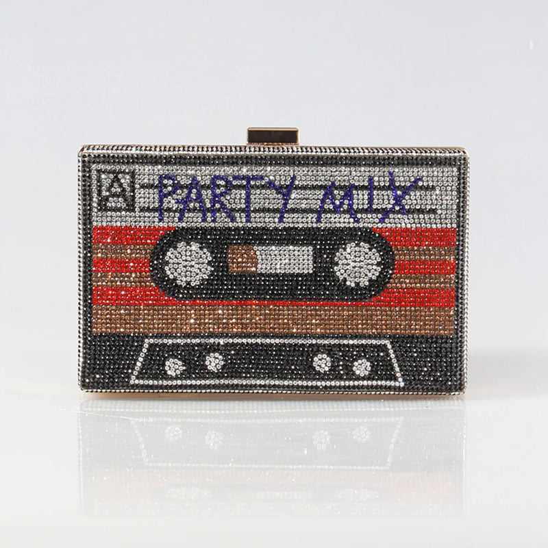 the MIX TAPE - Fashion Crystal Women's Luxury Rhinestone Wedding Clutch Bag, Cassette Tape Evening Bag, Party Money Purses, Handbags/Shoulder Bag