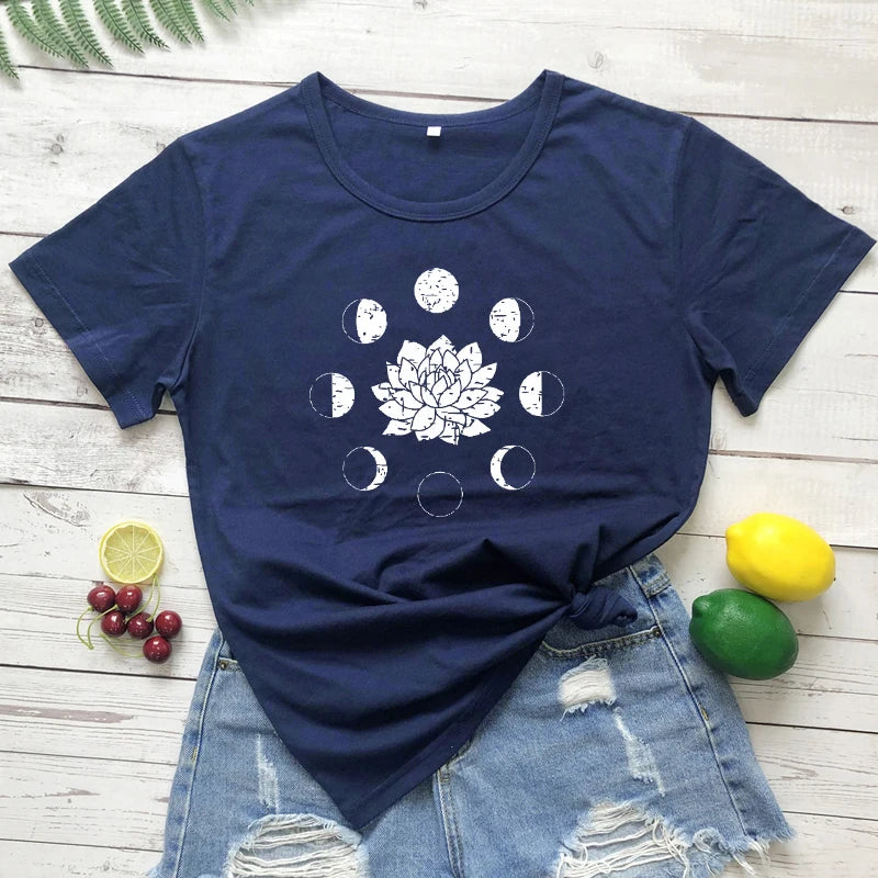 Mystical Moon Phases Lotus Flower T-shirt Aesthetic Women Spiritual Yoga Tshirt Funny Astrology Hippie Graphic Tees Tops