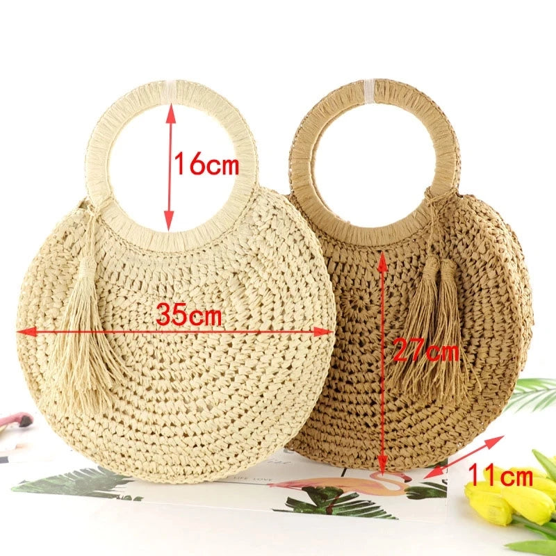 the WOVEN BAG - Straw Bag Rattan Woven Round Tassel Handbag for Women, Large Capacity Shoulder Tote Purse, Ladies Holiday Wood Handle Shopping Bag